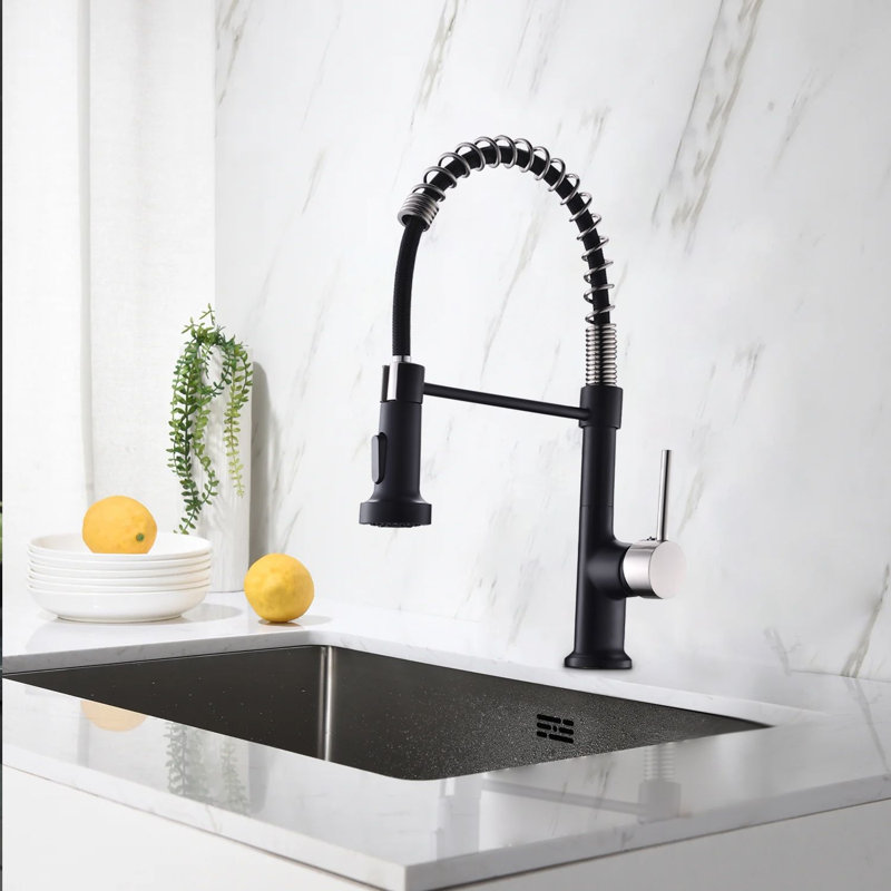 PENGFANG WORLDWIDE LLC Pull Down Kitchen Faucet, Black/Brushed Nickel