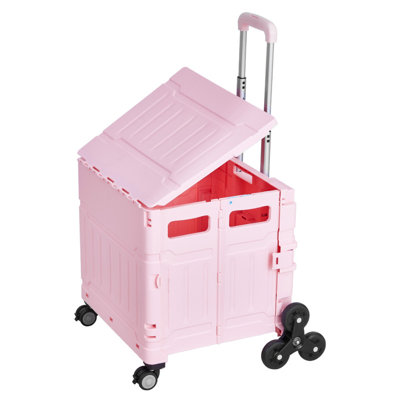 Chariot à roulettes pliable 35,3 pouces avec roues d'escalade, 65L - Chariot utilitaire pliable avec poignée télescopique (rose Macaron) pour le transport à la maison, au bureau et à l'épicerie