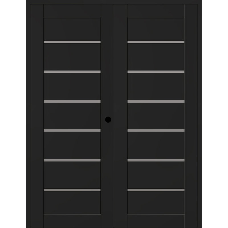 Double porte intérieure avec panneau en bois manufacturé et verre givré Alba, L 59,5 po x H 83,23 po, Noir mat, Gauche