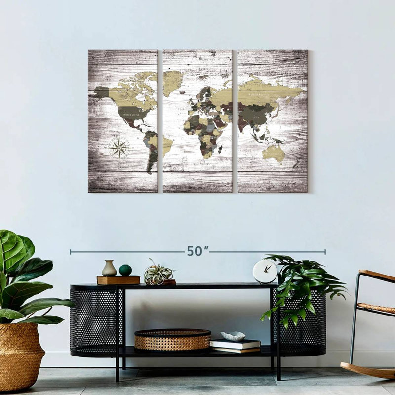 " Aged World Map XXXIII Multi Piece Canvas Print " by Jorge S 3 - Pieces, 28" H x 45" W x 1.25" D