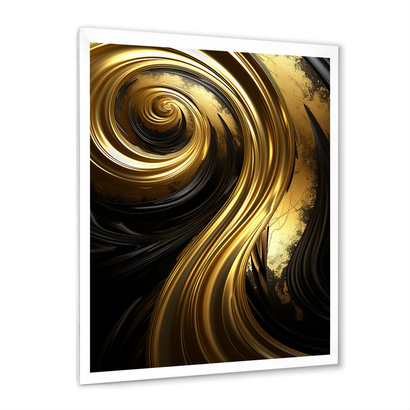 Liquide or et noir abstrait spirale minimale sur toile, H 20 po x l 12 po x P 1 po, Cadre simple blanc