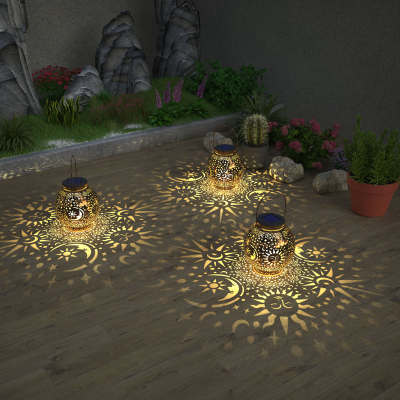 Ensemble de 2 lanternes solaires suspendues jardin, lanterne décorative en métal Sun Moon Star pour le jardin