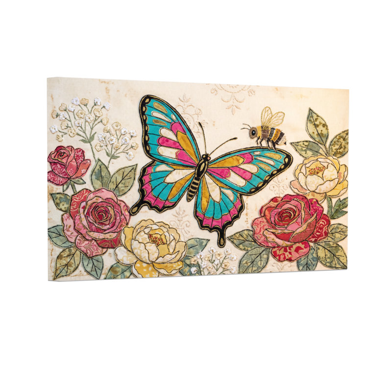 Animaux, papillon, roses, abeille, fleurs, reproduction d'art rétro, H 20 po x l 30 po