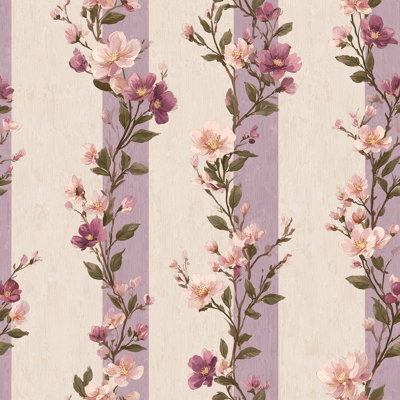 Papier peint floral avec rayures mauves, décoration murale jardin romantique