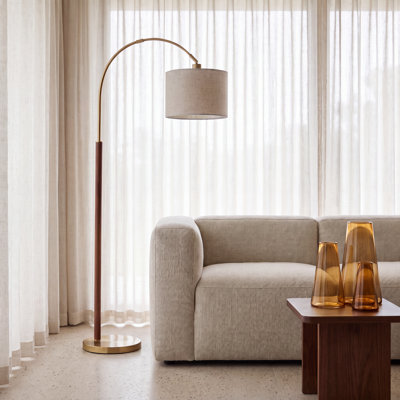 Lampadaires arqués pour salon en bois de noyer massif avec télécommande et ampoule ambre