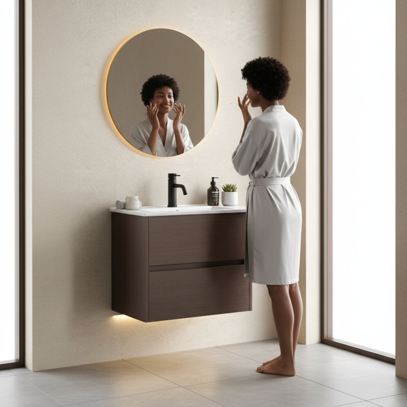 Meuble-lavabo mural brun foncé, tiroir à fermeture en douceur, assemblage facile, fabrication en bois (lavabo non inclus) | Idée de cadeau