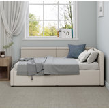 Modern Style Twin Size L Shape Corner Bed, Linen Upholstered Daybed with Two Storage Drawers