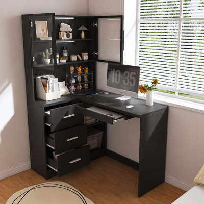 Bureau d'ordinateur avec armoires en verre et lumières DEL intégrées, bureau de coin en L avec ports de charge USB