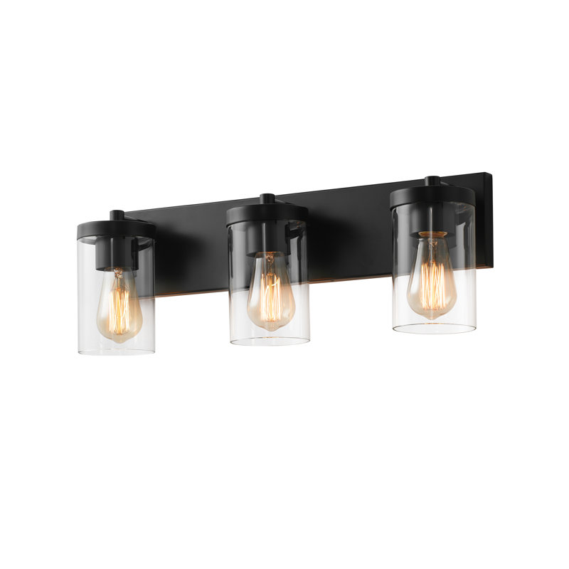 Luminaire de meuble-lavabo avec abat-jour en verre transparent Cleofas, Noir mat, Trois lumières