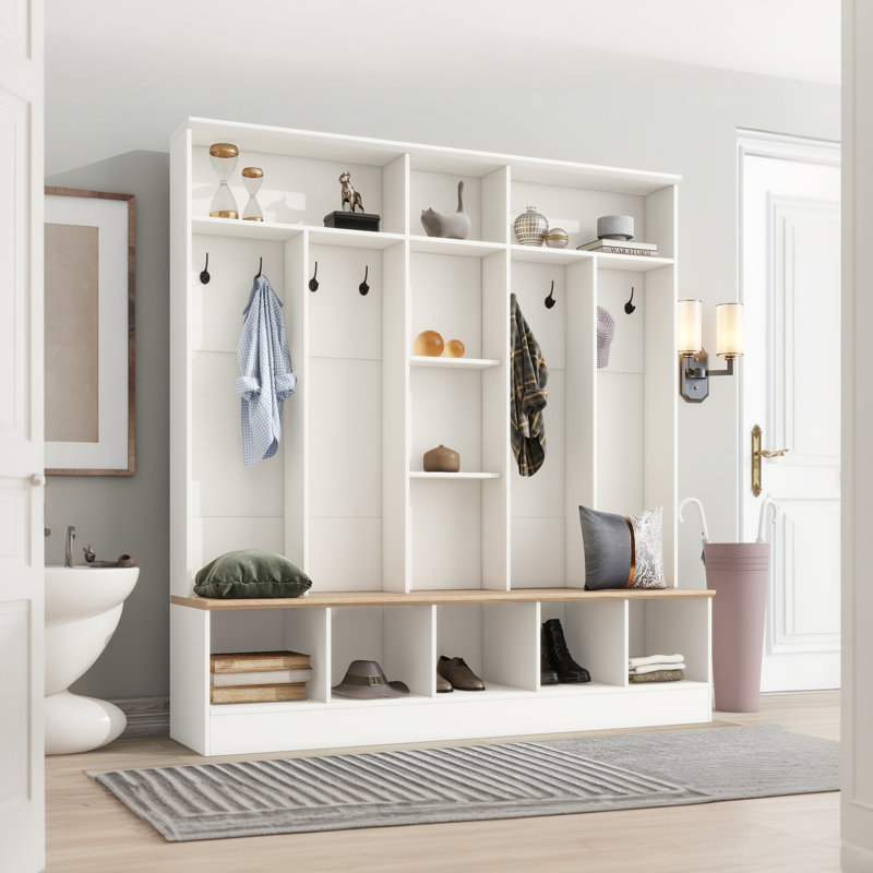 Hall Tree With Storage Bench - Minimalist Shoe Cabinet With Cubby Compartments And Shelves, White