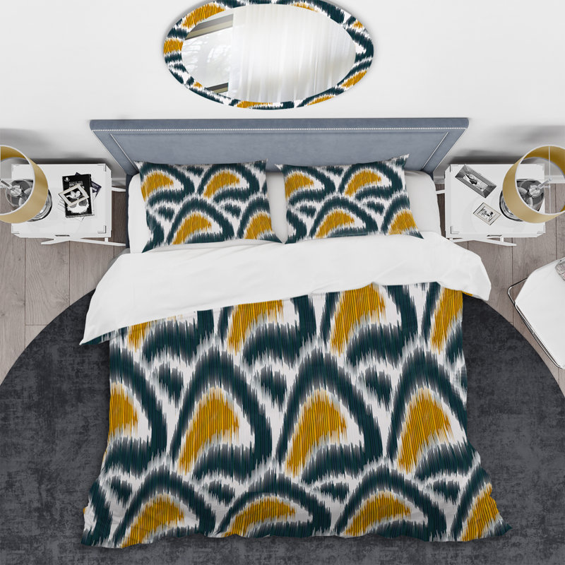 Ikat vert et doré - ensemble de housse de couette abstrait - microfibre de polyester