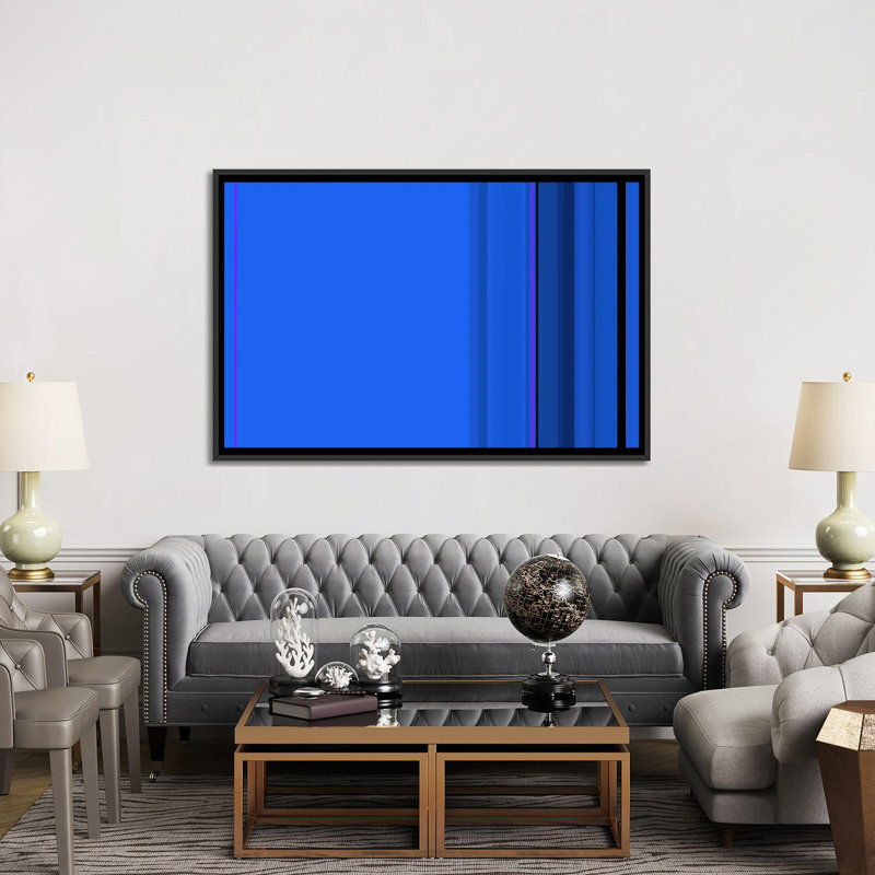 Art sur toile rayée bleu véritable, Toile avec cadre noir, H 40 po x l 60 po x P 1,5 po