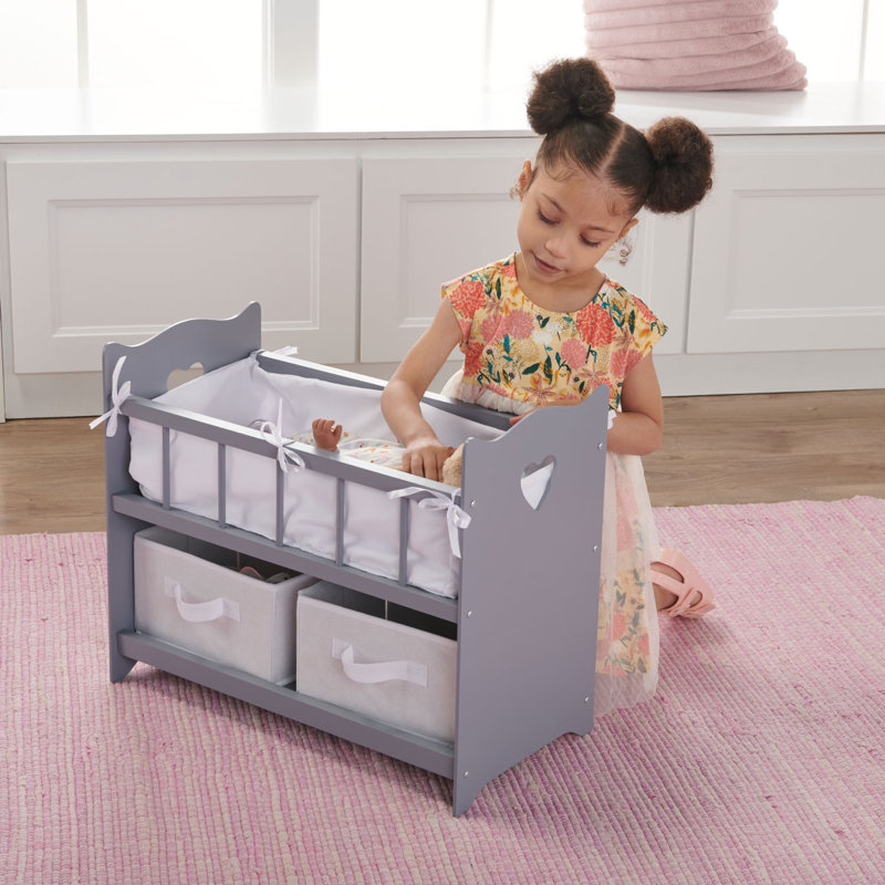 Executive Gray and White Wooden Doll Crib with Storage Baskets