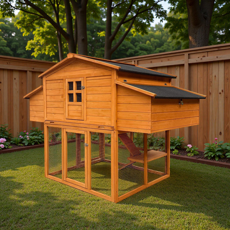 Chicken House for Outdoor with Two Nesting Box, Leakproof Pull-on Tray