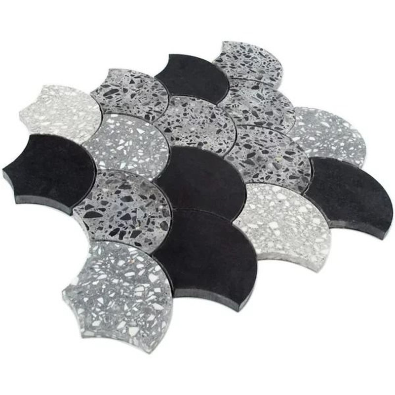 Stellare 12 x 12 Terrazzo, Marble Honed Fish Scale Tile (5 Sq Ft/Case) - 5 Pack, Black/Gray