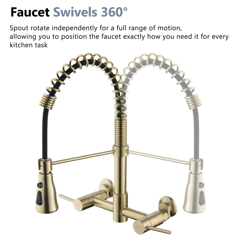 Brushed Gold Wall-Mounted Kitchen Faucet with Pull-Out Spray