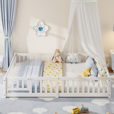 Lit enfant en bois massif Queen, lit au sol pour enfants, lit Montessori avec barrière de sécurité, blanc