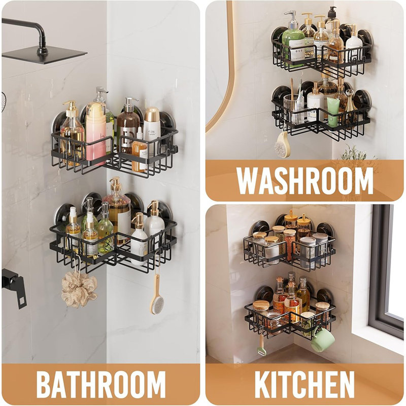 Serviteur de douche en coin à ventouse adaptable en coin - noir - sans percage mural, tablette de coin en acier inoxydable antirouille, organisateur de salle de bain amovible de grande capacité