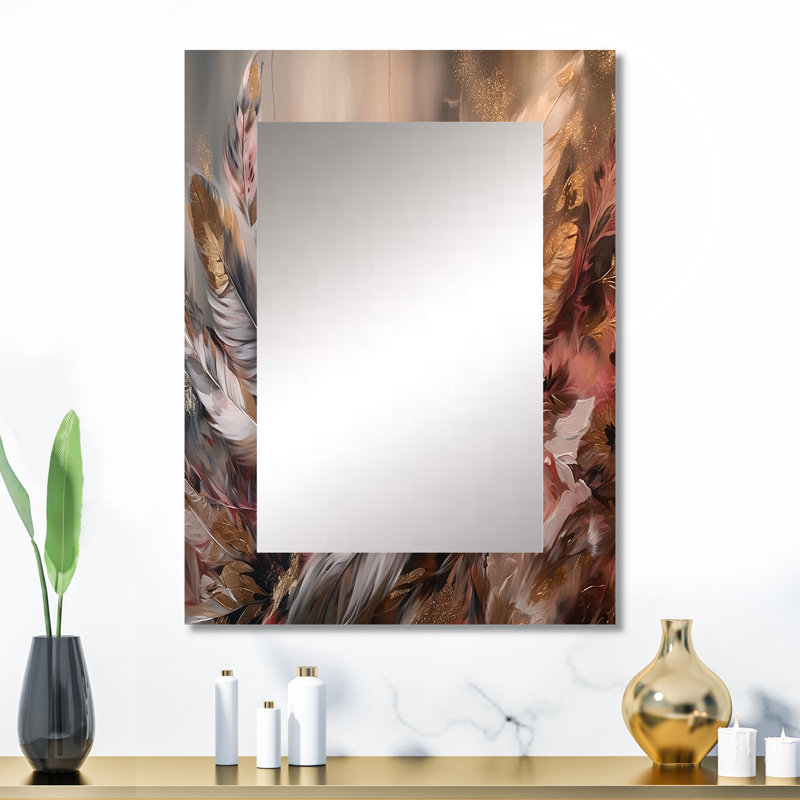 Gold Feather Wanderlust VI - Glam Feather Large Mirror, Gold Decorative Wall Mirror, Printed Metal Art, 32" x 24"