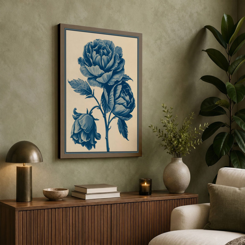 Rose in Blue Botanical - Wrapped Canvas, 24x16 - 61.0 x 40.6 cm, Cream Border