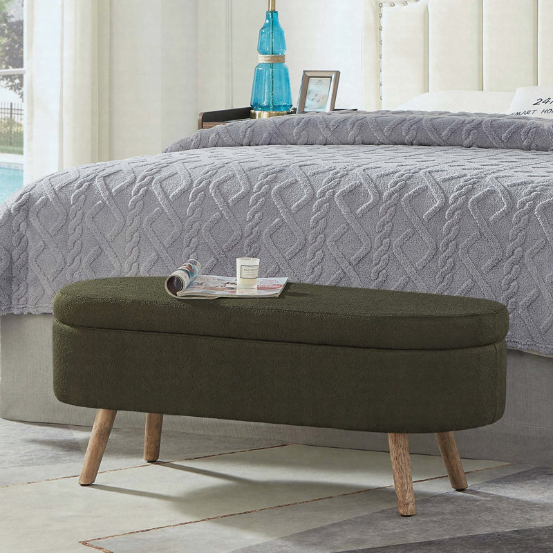 Oval Boucle Storage Ottoman Bench with Safety Hinge and Wood Legs, Dark Green, Dark Green