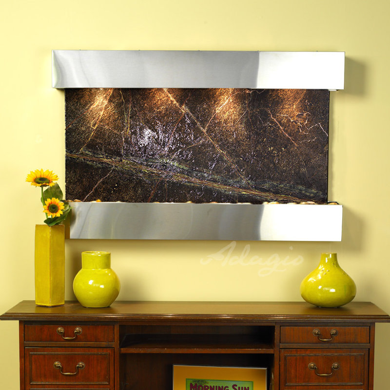 Sunrise Springs Natural Stone/Metal Wall Fountain with Light, Stainless Steel, Rainforest Green Marble