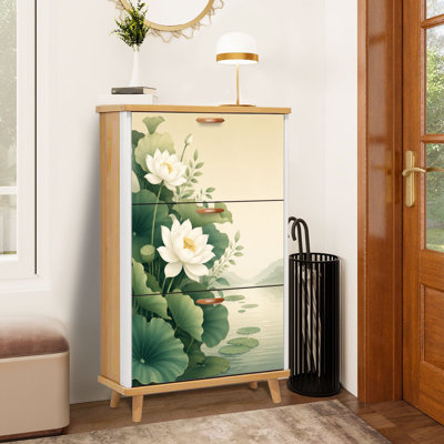 Meuble à chaussures à 3 tiroirs rabattables, orné de fleurs de lotus et de feuilles vertes. Ce meuble de rangement discret et étroit, idéal pour une entrée, un corridor, un hall d'entrée, un dressing ou un petit appartement, est parfait pour les petits espaces.