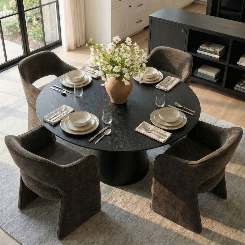 Ensemble de table de salle à manger pour 4 personnes avec table ronde et 4 chaises rembourrées en chenille, Brun, Noir