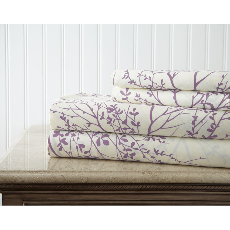 Microfiber Floral Sheet Set, Queen Sheet Set + 1 Fitted Sheet + 2 Pillowcases, White/Lilac