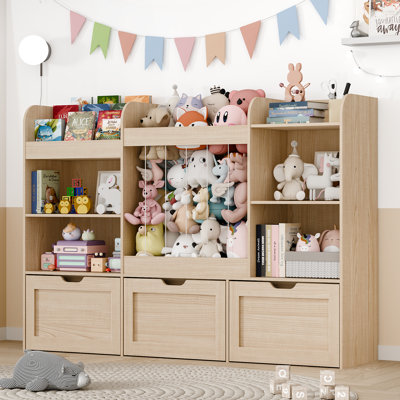 41.3''H Toys Storage Organizer with Kids Bookcases, Stuffed Animal Storage, 3 Movable Drawers, 4 Cube Storage Cabinet and 3-tier Bookshelf for Playrooms, Bedroom, Oak