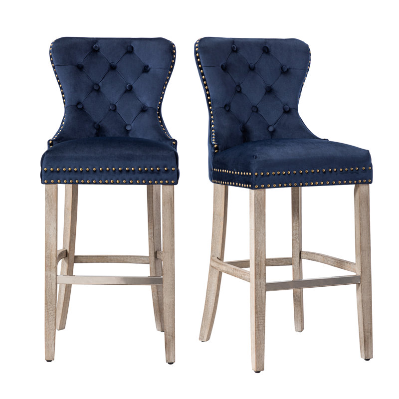 Kirsten Upholstered Counter Stool with Solid Wood Frame, Navy Blue, Bar Stool (29” Seat Height), Antique Gray