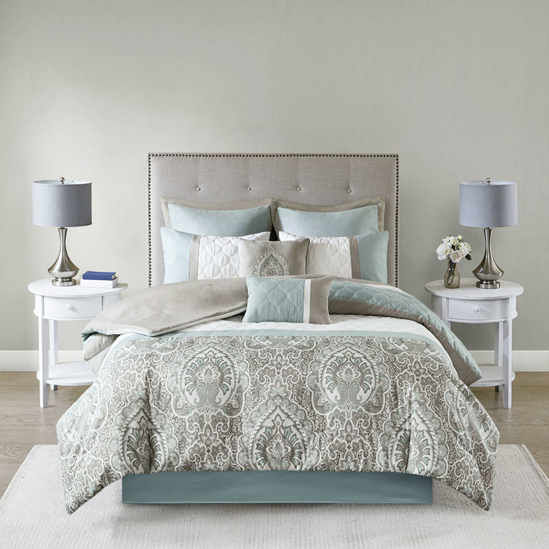 Collection d'édredon pour très grand lit 8 pièces - de style européen de style transitionnel avec des taies décoratives jaunes, grises et taupe