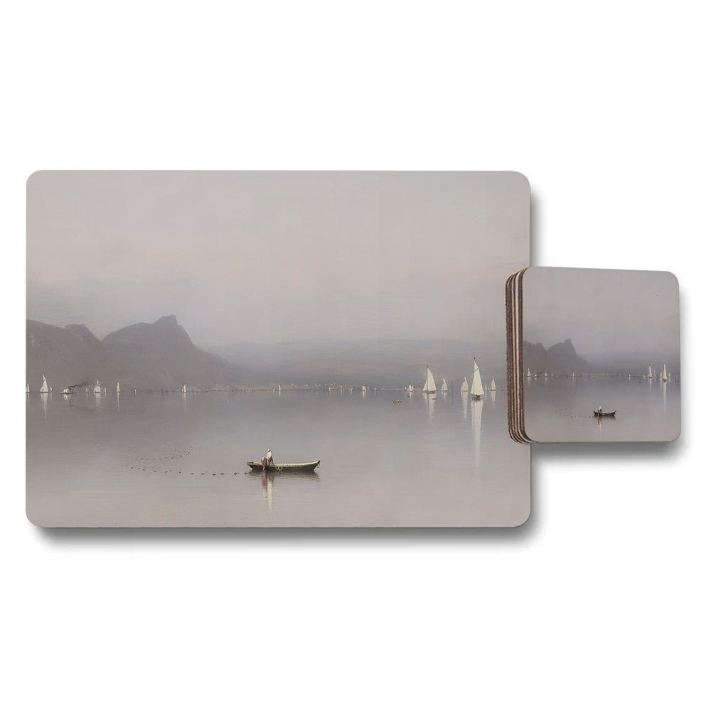 Serene Lake Landscape Placemat And Coaster Set With Sailboats