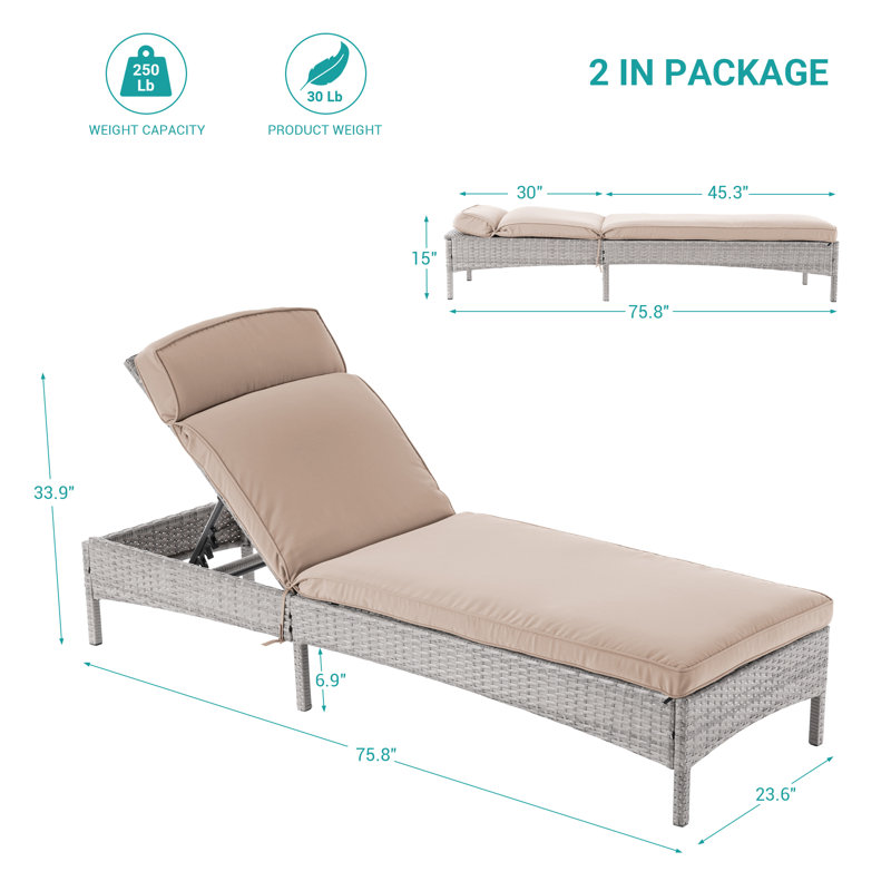 Lorise Outdoor Reclining Chaise Lounge Set with Cushion (Set of 2), Sand