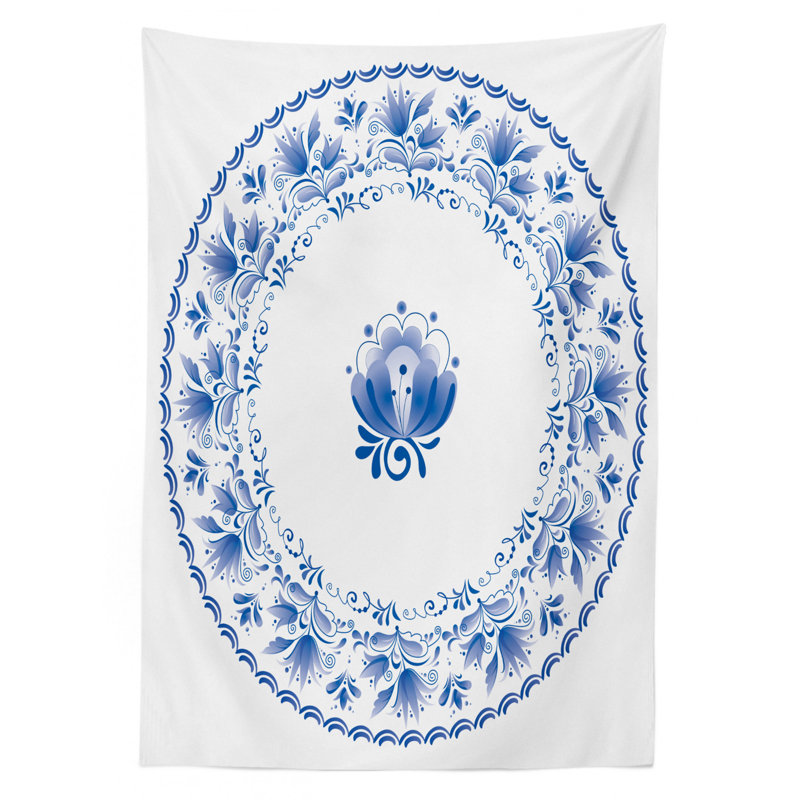 Mandala Tablecloth, Country Style Floral Soft Color Circle Pattern Persian Features Nostalgic Design, Rectangular Table Cover For Dining Room Kitchen Decor, 52" X 70", Blue White