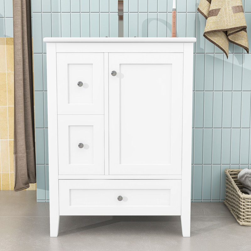 Meuble-lavabo avec lavabo, trois tiroirs de rangement et tablette réglable, Blanc brillant / blanc