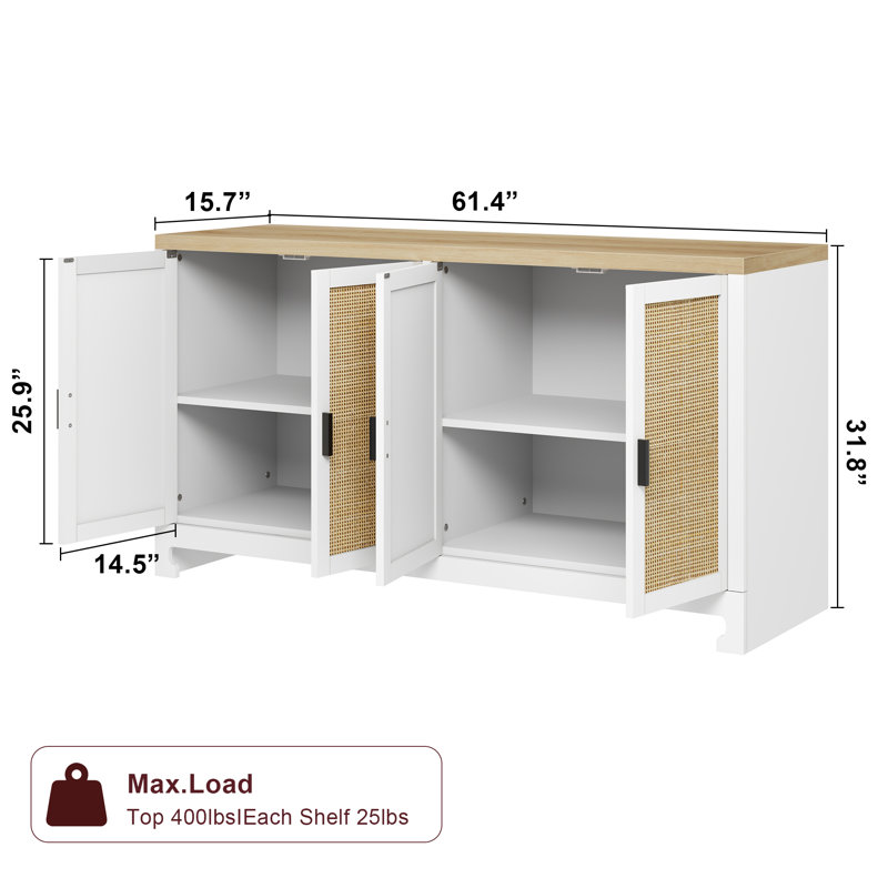 White and Natural Rattan 4-Door Buffet Cabinet with Shelf