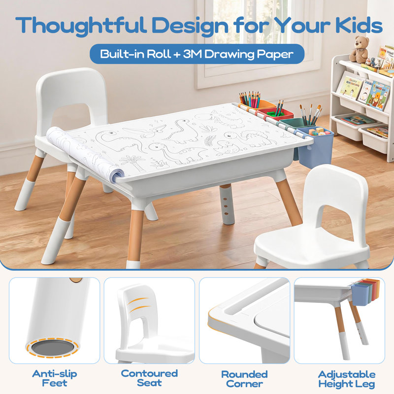 Ensemble de table et chaises d'activités pour enfants, table à dessin double face avec 2 chaises réglables, 4 bacs de rangement latéraux, jeu de sable et d'eau