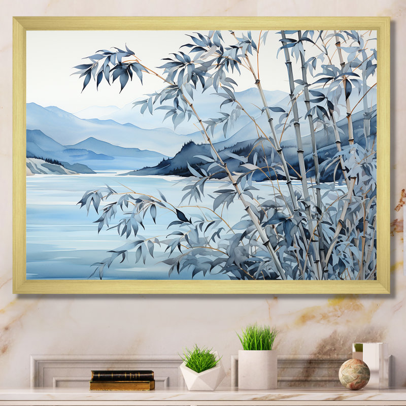 «Blue Bamboo Tranquility 1 - China Art», art mural, Cadre doré à coins fermés, H 24 po x l 32 po x P 1 po