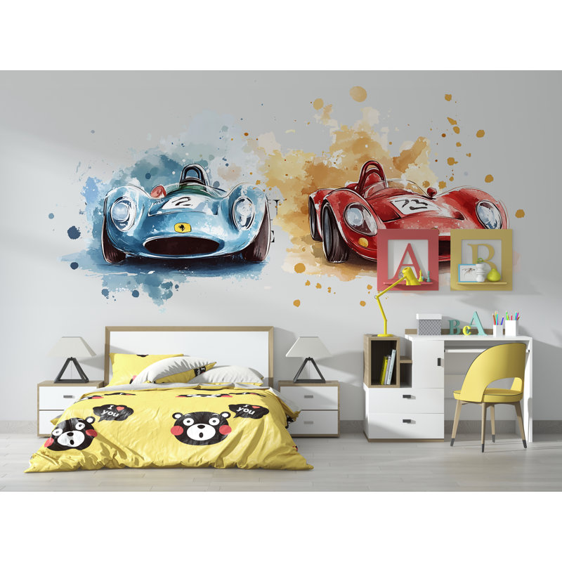 Adhésif décoratif voiture de course rétro pour chambre d'enfant - Murale de voiture de sport rouge et bleue au-dessus du lit 060Mv