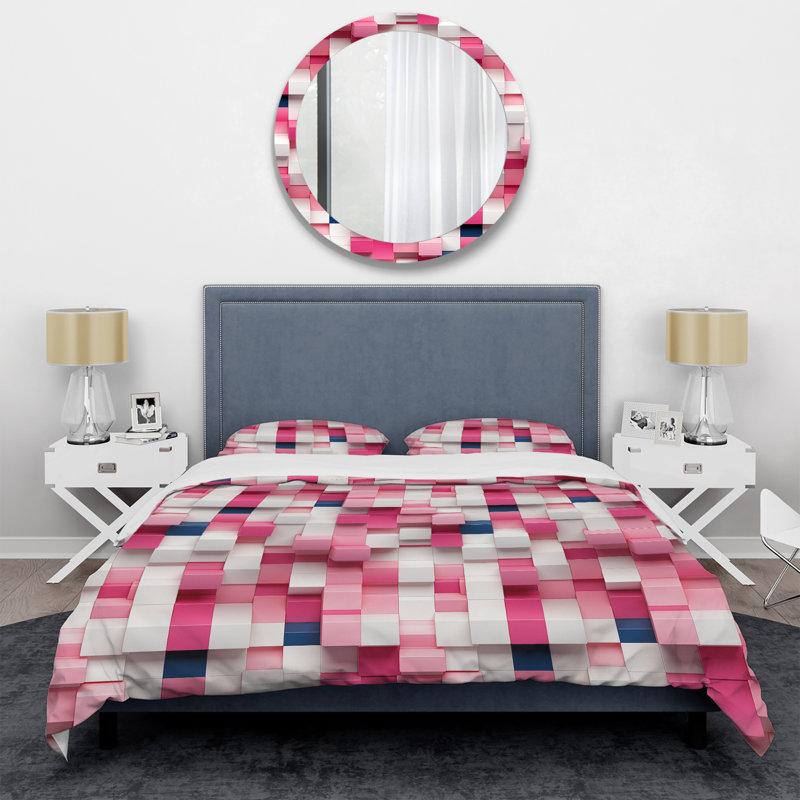 Ensemble de housse de couette rose et blanc Blockchain Blocks I, Housse de couette simple + 1 taie décorative stan