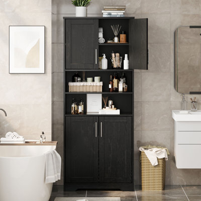 7 Inch Bathroom Cabinet, Farmhouse Storage Cabinet with Glass Doors and Adjustable Shelves, Freestanding Kitchen Pantry,Cupboard for Living Room, Dining Room
