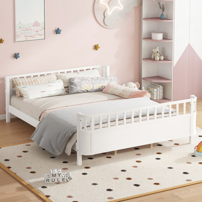 Grand lit plateforme pour enfants avec garde-corps de sécurité et clôture détachable, structure en bois pour la chambre à coucher, blanc