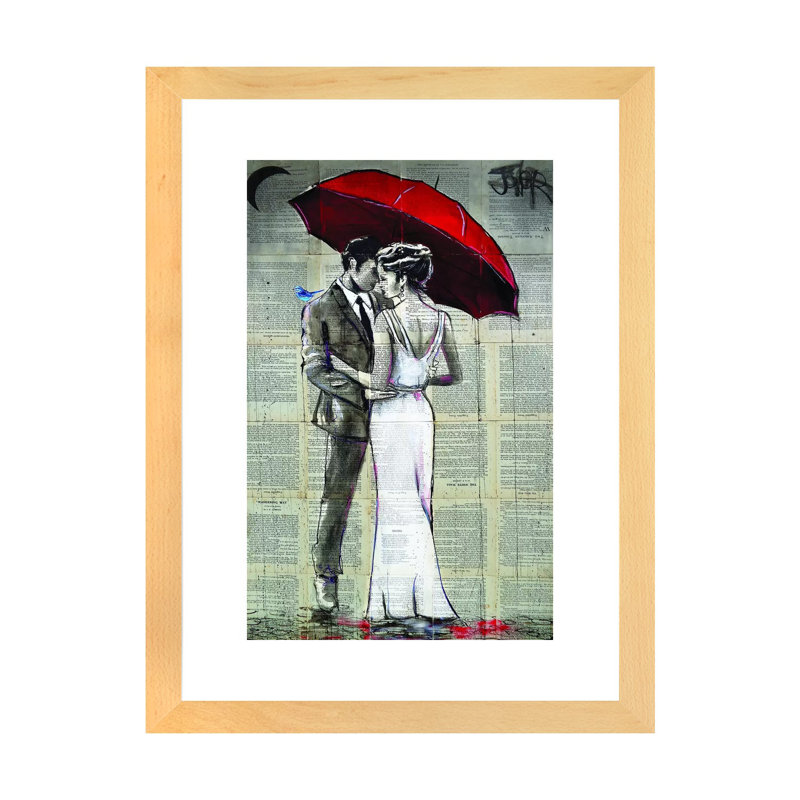 Rainy Moon par Loui Jover - impression d'art graphique, H 32 po x l 24 po x P 1 po, Toile avec cadre en bois beige, Blanc