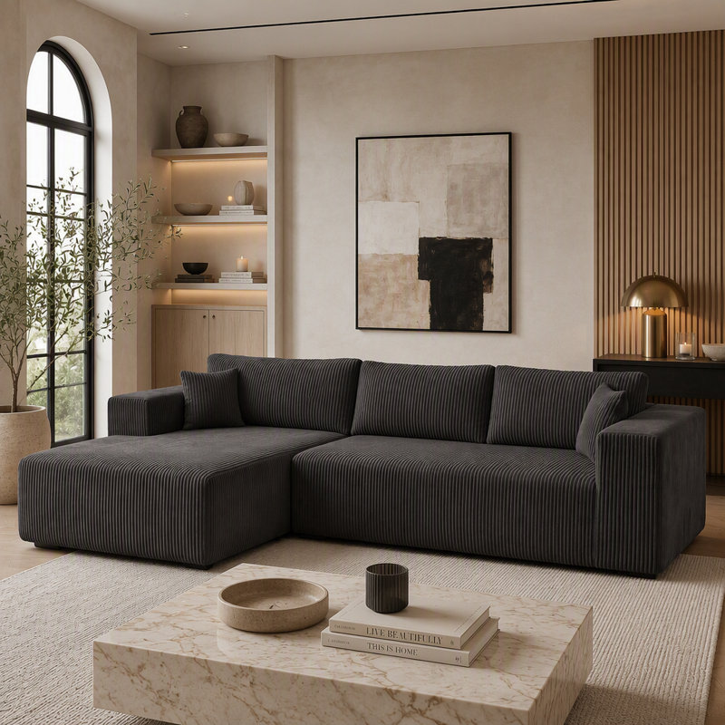 Canapés modulaires modernes en forme de L, sans structure apparente et recouverts de tissu, avec méridienne, Antique Grey