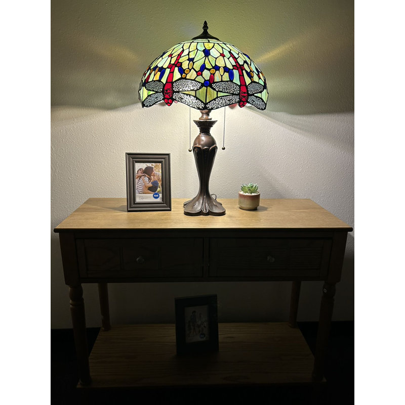 Gloriann Tiffany Table Lamp Stained Glass Dragonfly LED bulbs Included Pull Chain Switches 16"W*16"D*24"H, Jade Green