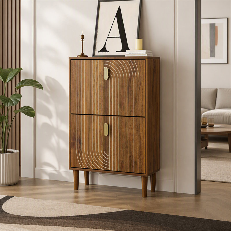 Meuble à chaussures moderne et minimaliste avec 2 tiroirs rabattables et design à rainures pour une organisation compacte de l'entrée (UN SEUL EXEMPLAIRE)