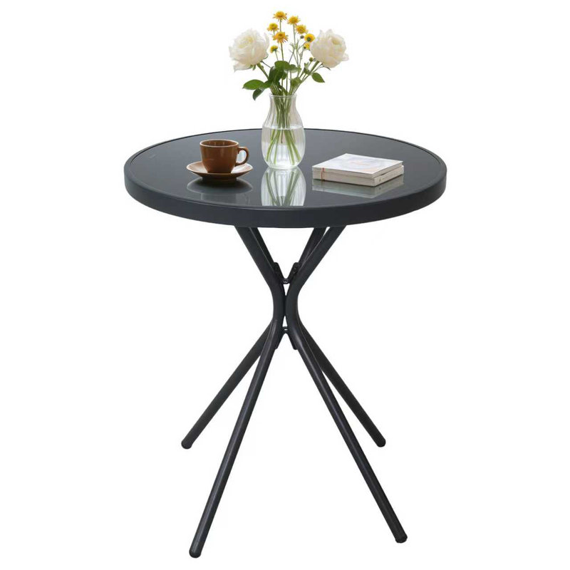 Outdoor Round Glass Coffee Table,Black Side Table for Patio