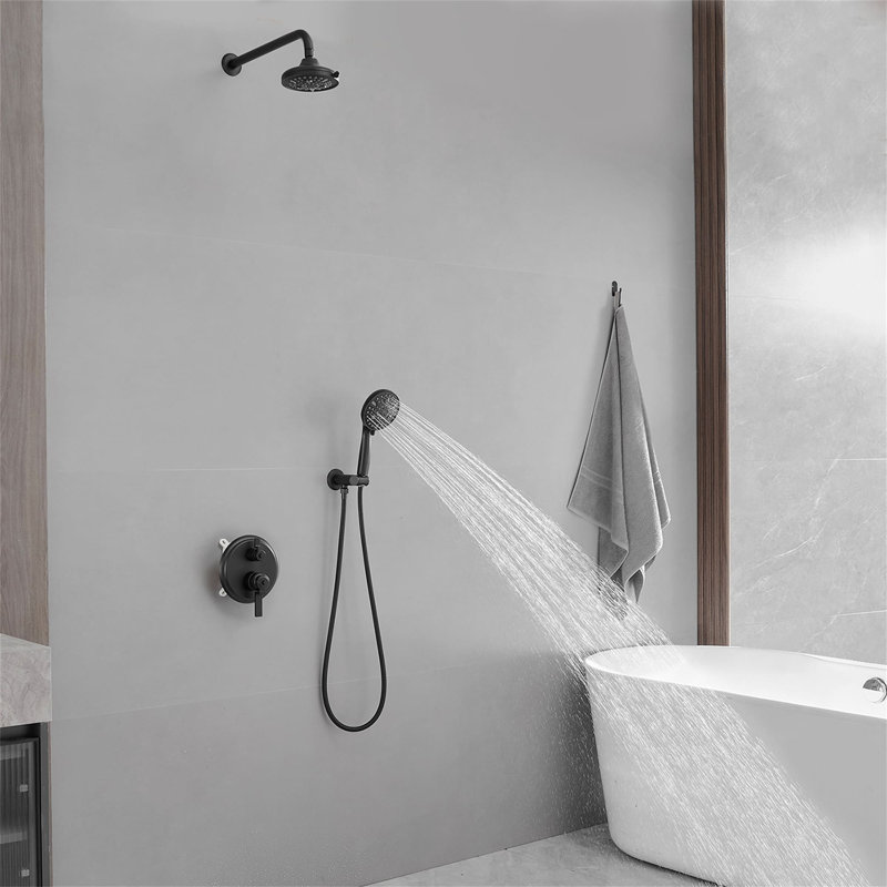 Système de douche mural avec douche à main à deux poignées, ensemble de garniture de douche en laiton moderne avec valve brute