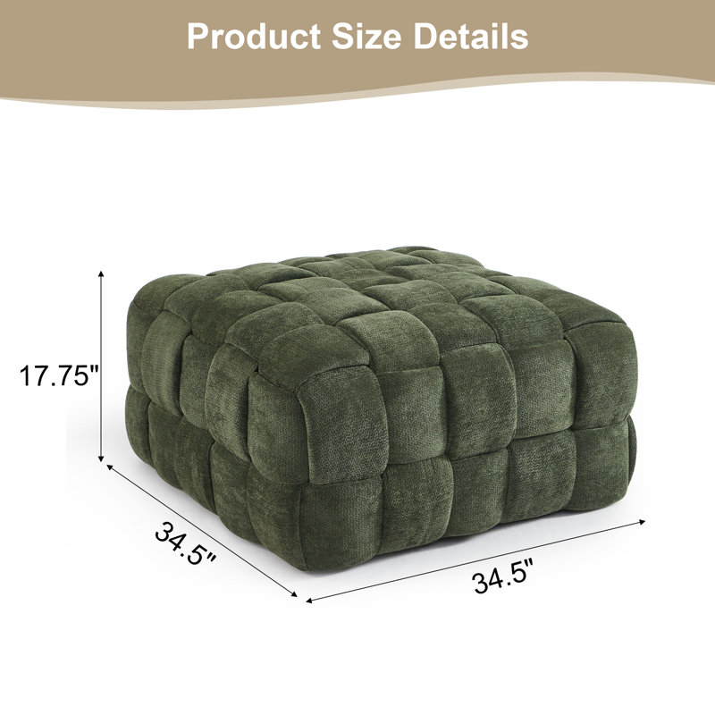 Oversized Square Ottoman, Chenille Upholstered Footstool for Living Room and Bedroom, Olive,  17.3" x 33.9" W x 33.9" D
